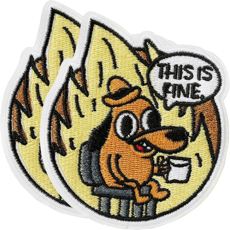 XMJY 2 Pcs This is Fine Dog Patches - Iron On/Sew On Embroidered Patch, Funny Morale Patch, Cute Applique Accessories for Jackets, Jeans, Vests, Clothes, Tote Bags - Image 1